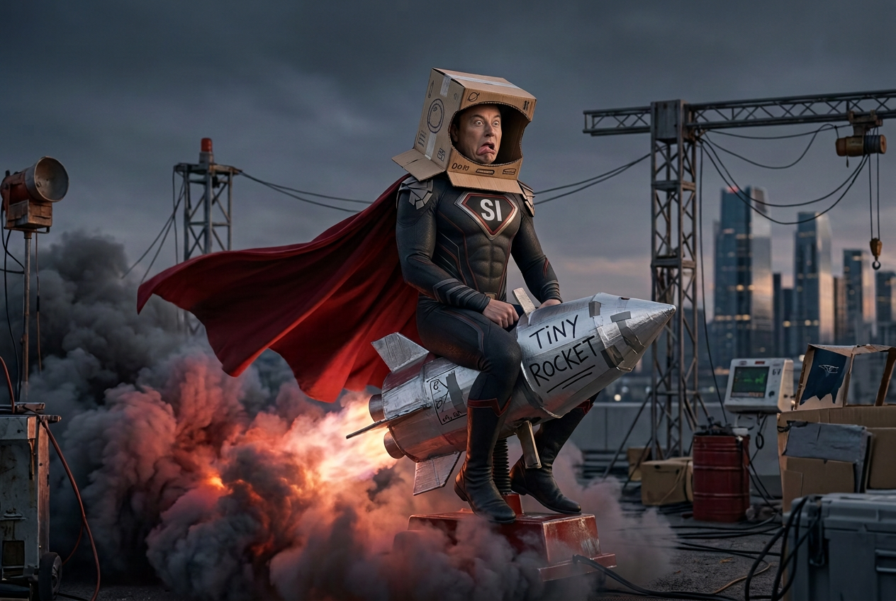Super Idiot riding a tiny rocket with a cardboard astronaut helmet